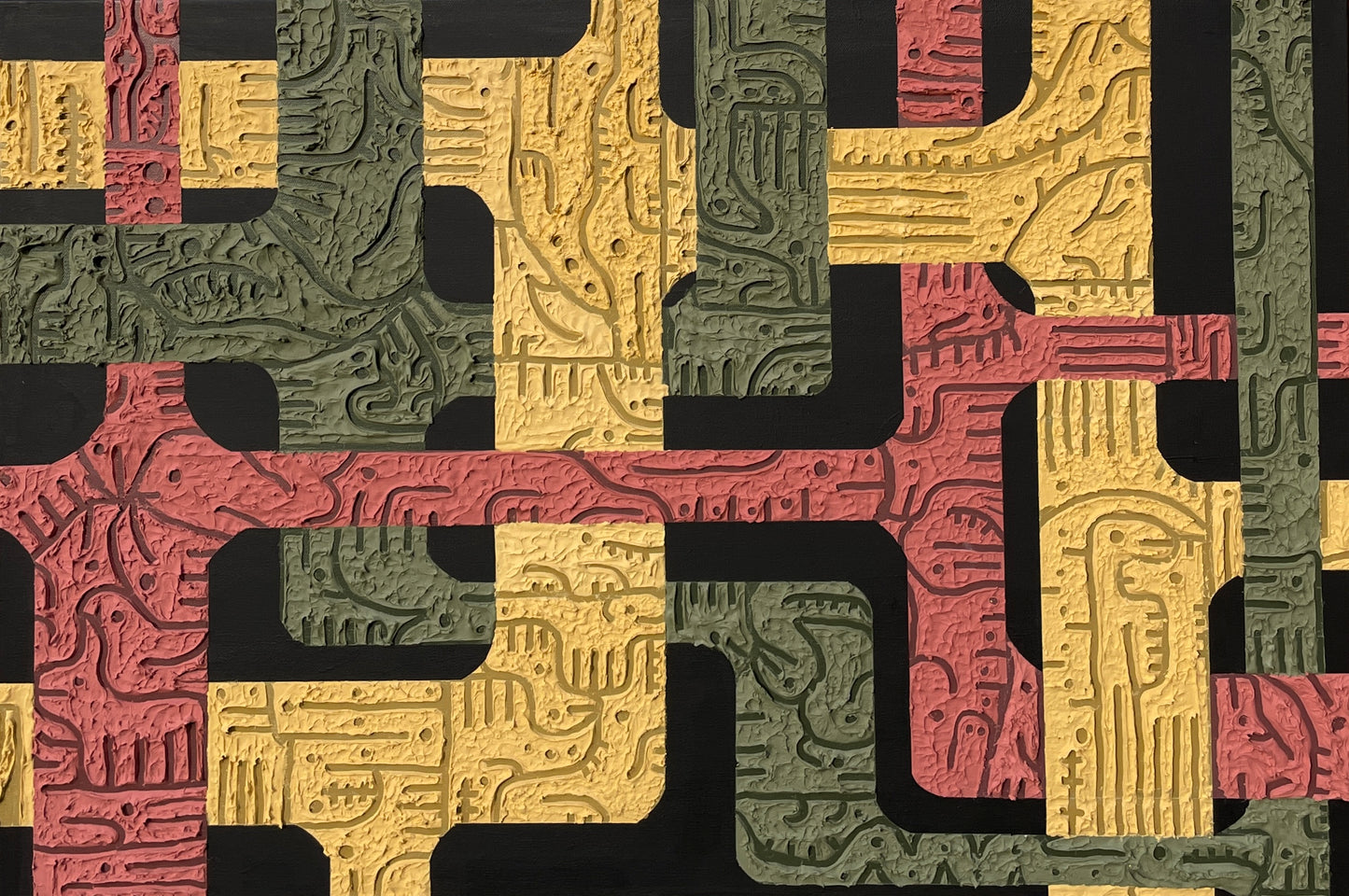 Green, red, and yellow ,textural statement piece painting
