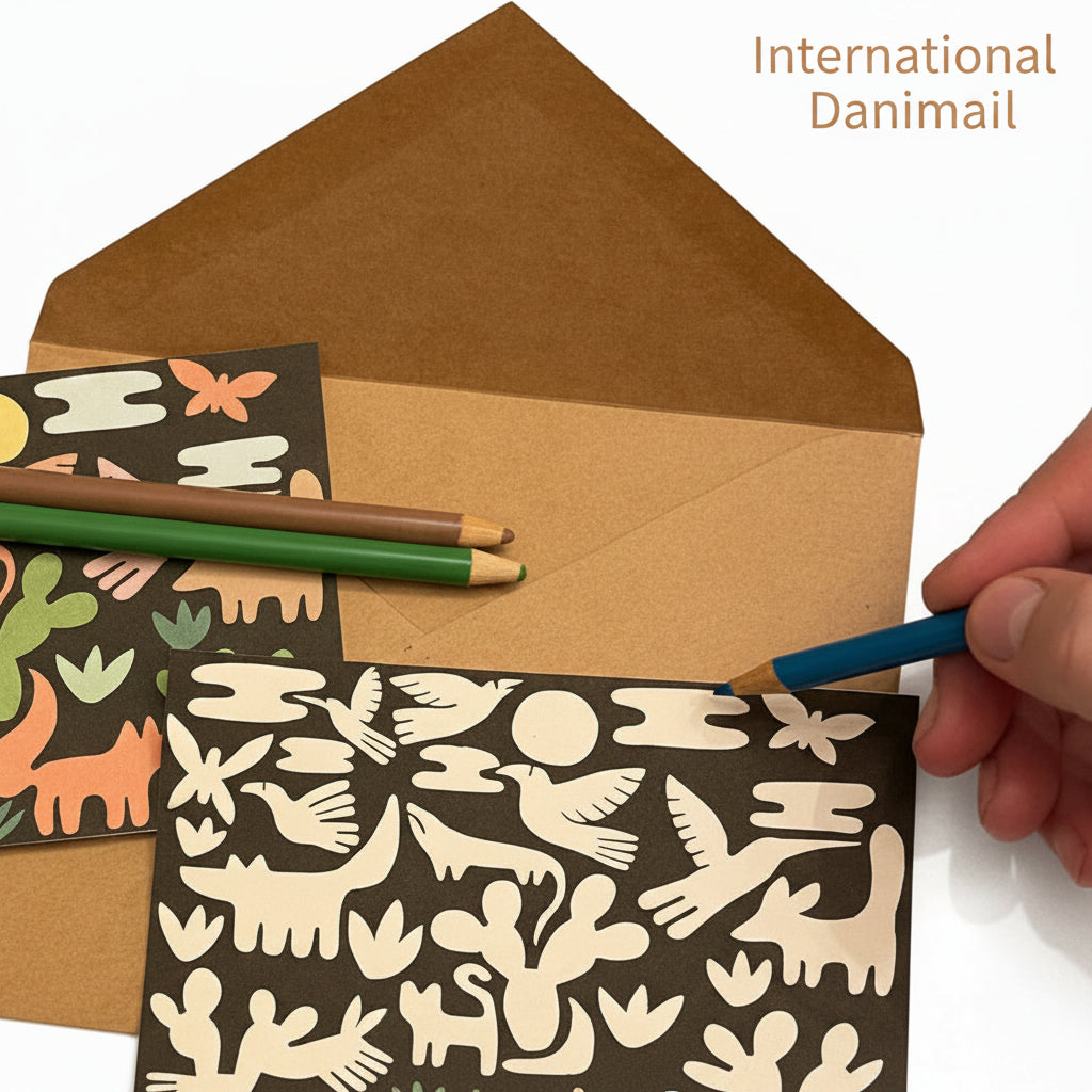 Hand holding a pen with two greeting cards featuring animal patterns and a brown envelope on a white background.