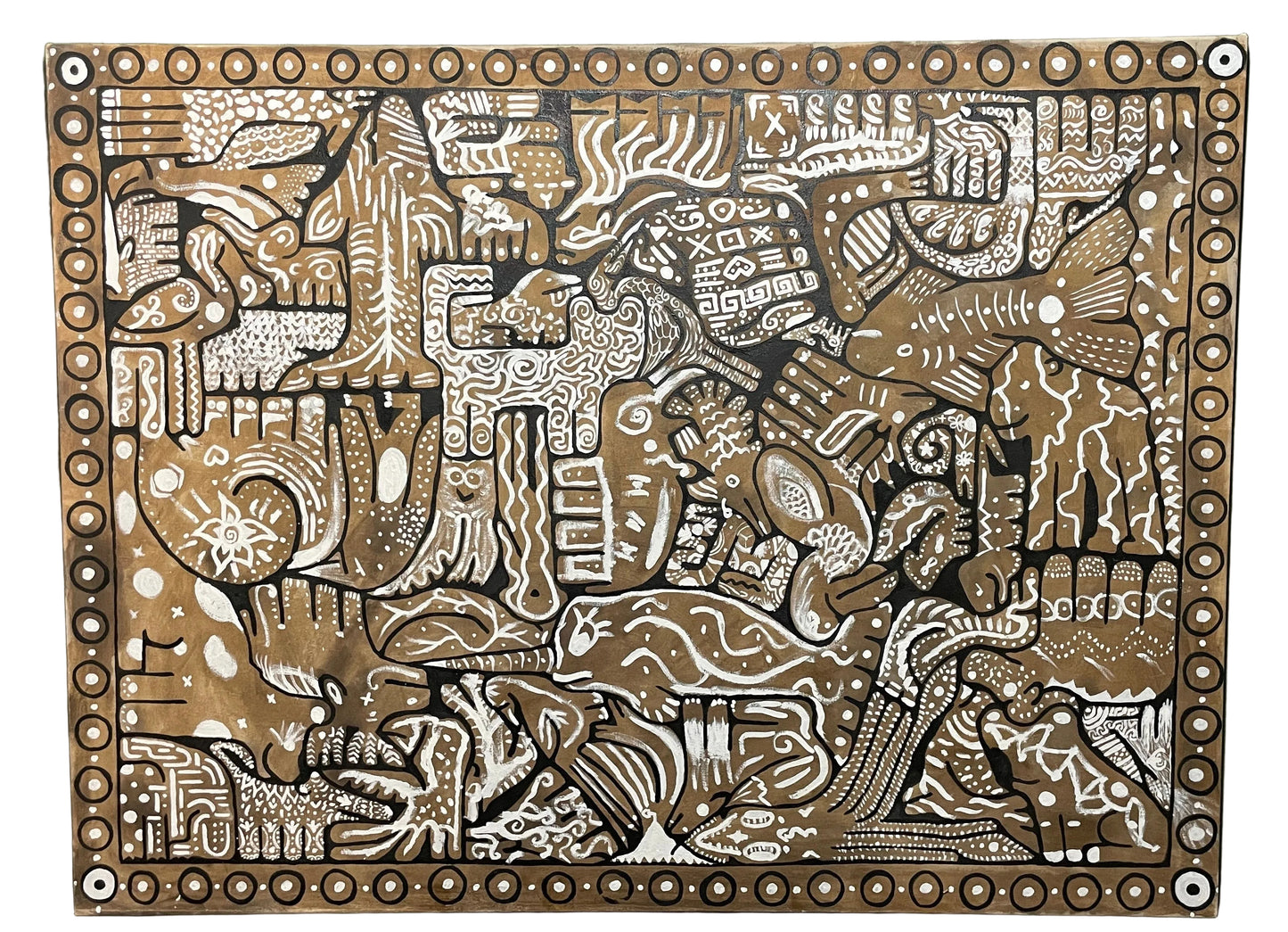 A painting featuring African wildlife and other animals