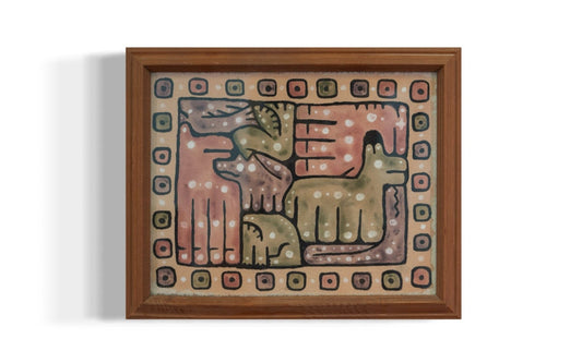 A green red and purple meso-american inspired painting. Painted animals of frogs wolves, snakes, and a fole.
