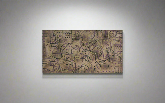 A Latin American inspired painting that includes animal hieroglyphics. wolf, snake, birds, cat, dog, frog giraffe are some of the animals in the painting