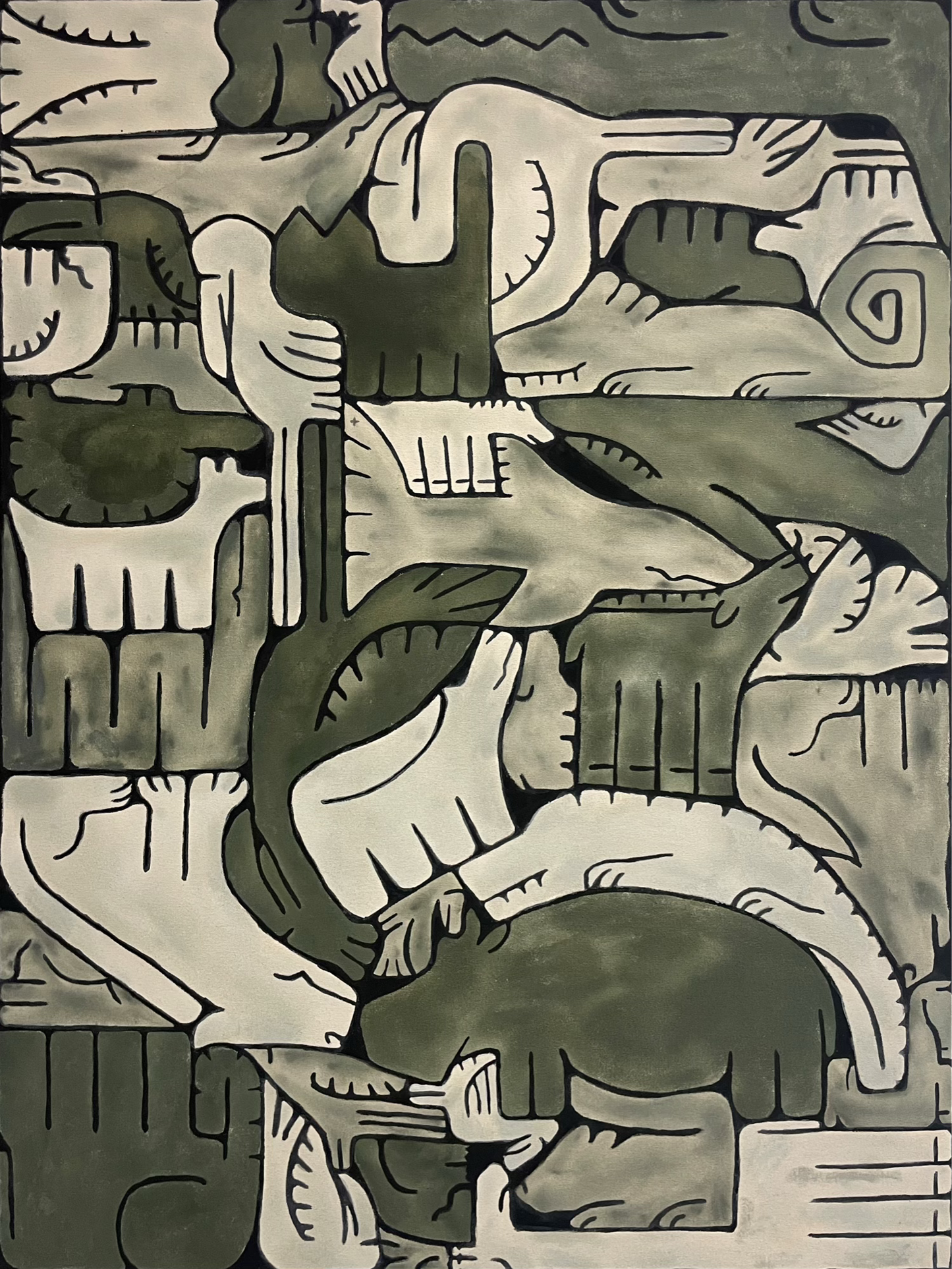 A large green-toned painting that includes animals such as a flamingo, elephant, snake, hippo, chameleon, cat, stork, crocodile, and tortoise.