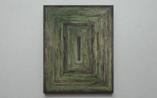 A large Green abstract painting hanging on a blank wall, front view