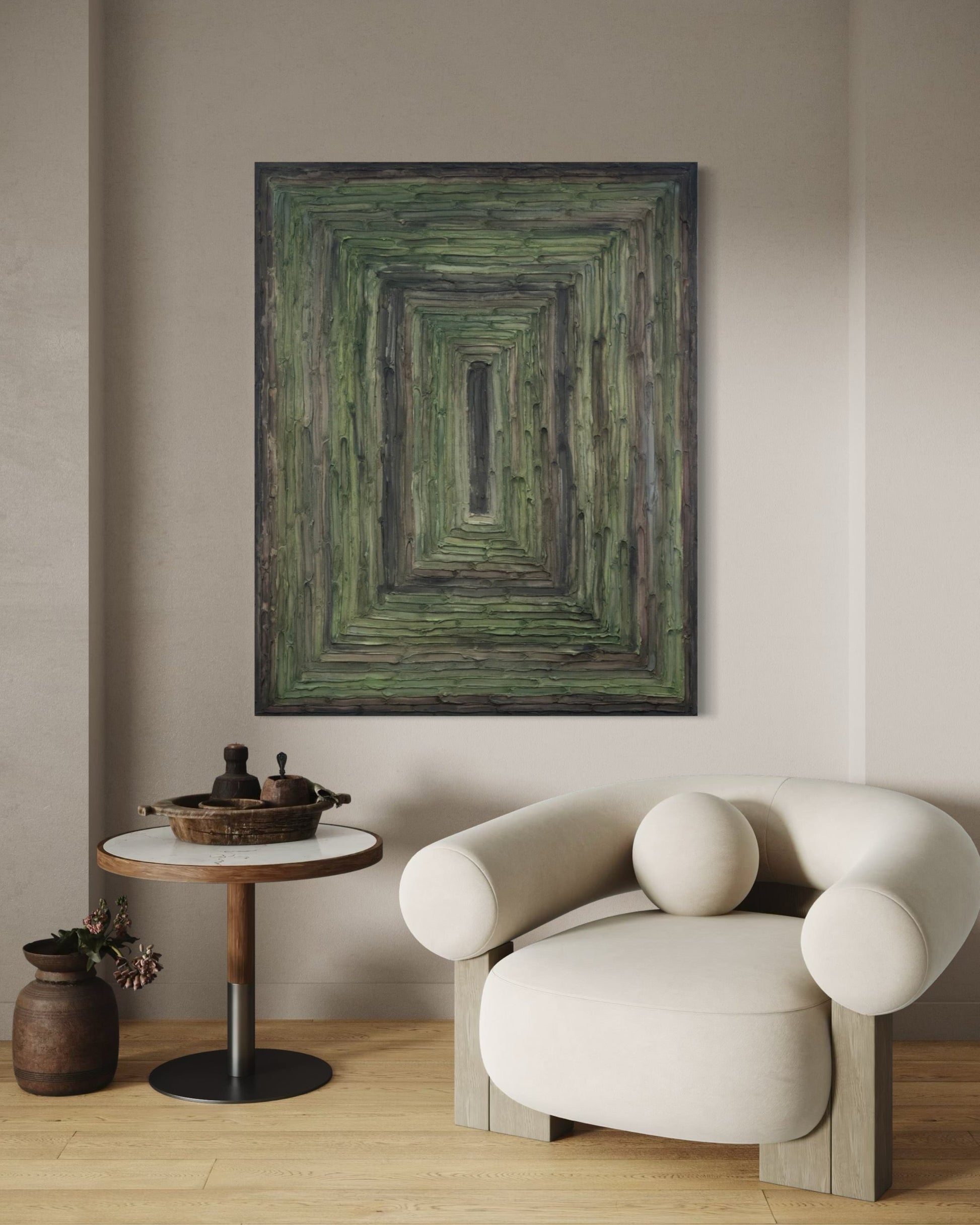 A large textured abstract painting with green gradients