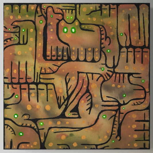 A black green gold and rust colored  painting with gradients. This painting includes animals such as cats, giraffes and bulls