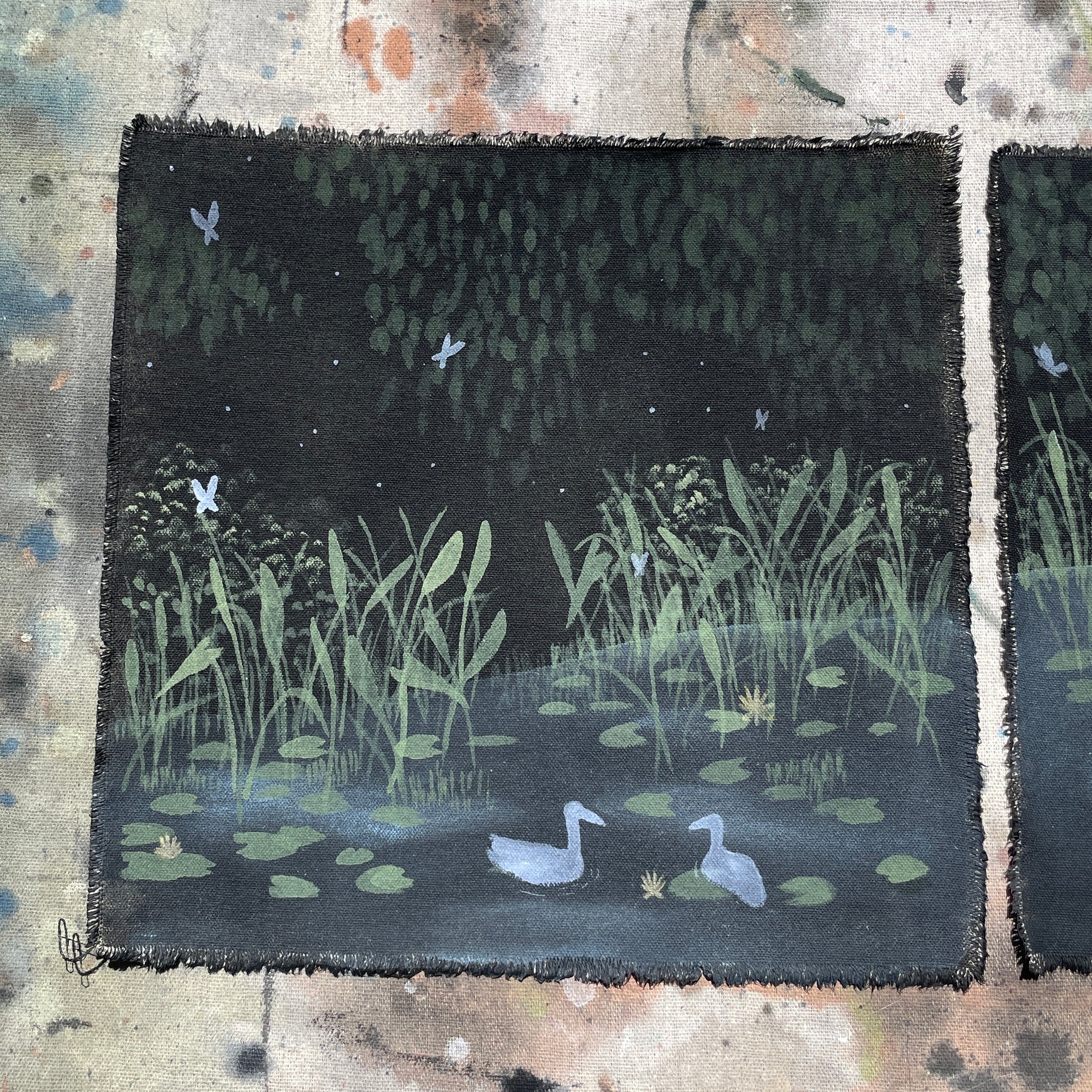 Image of a pond with blue butterflies and ducks 