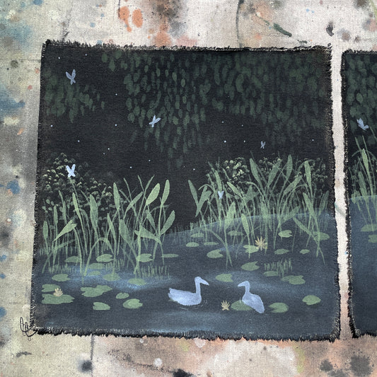 Image of a pond with blue butterflies and ducks 