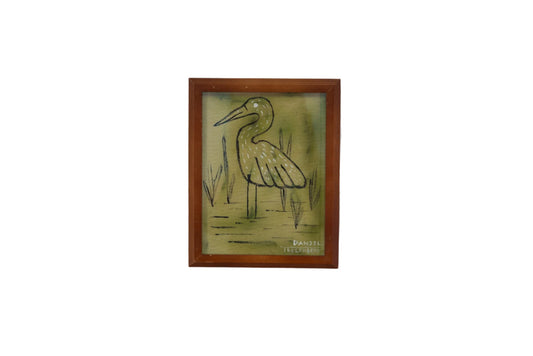 A Framed painting of a crane. The paintign is green black and white