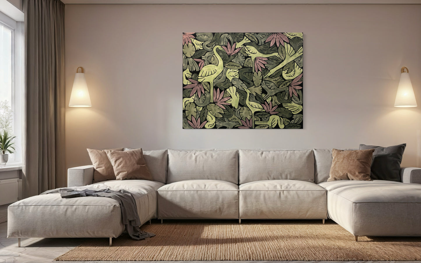 A large painting that uses green tones and mauve.