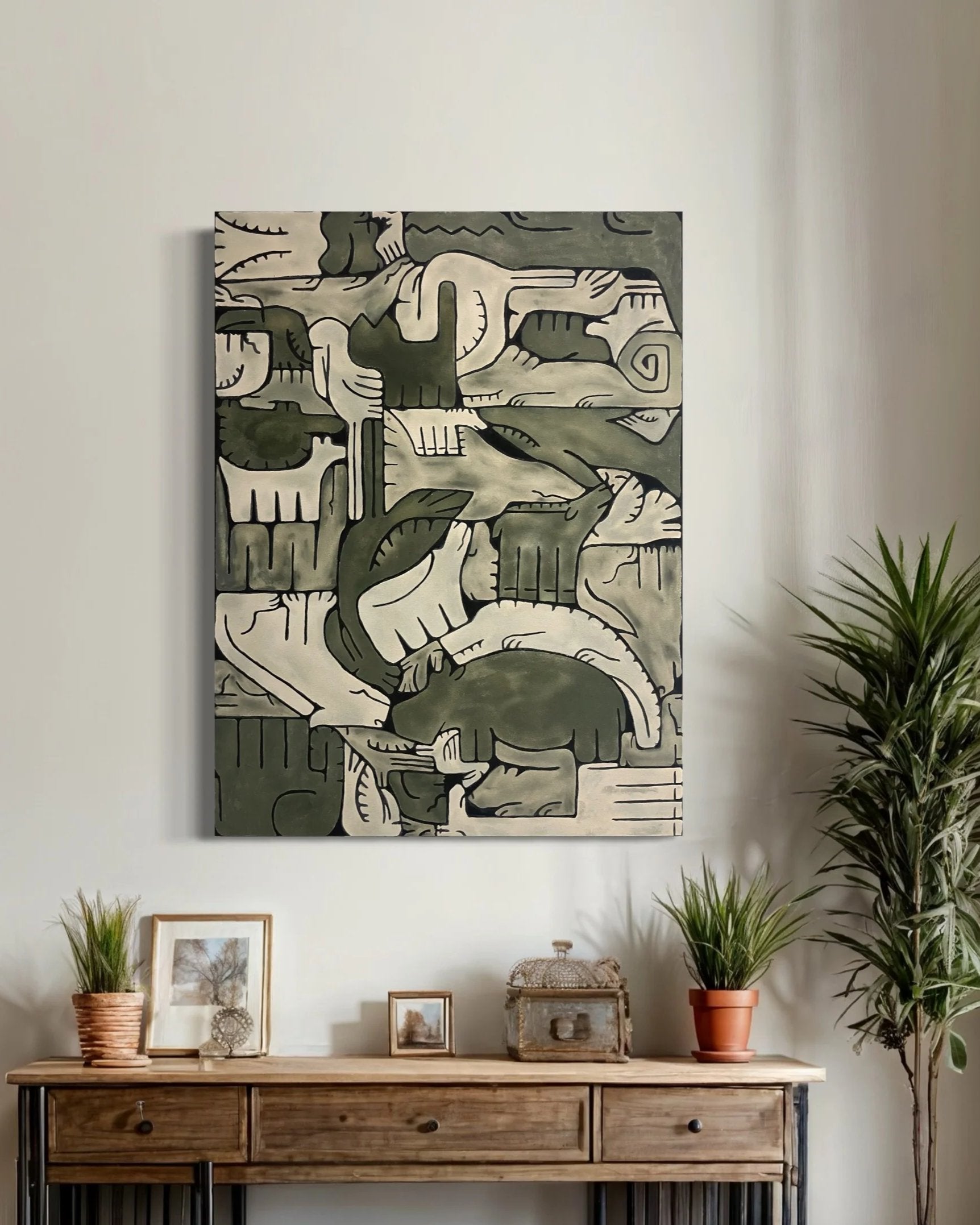 Big wall art that is green grey. 