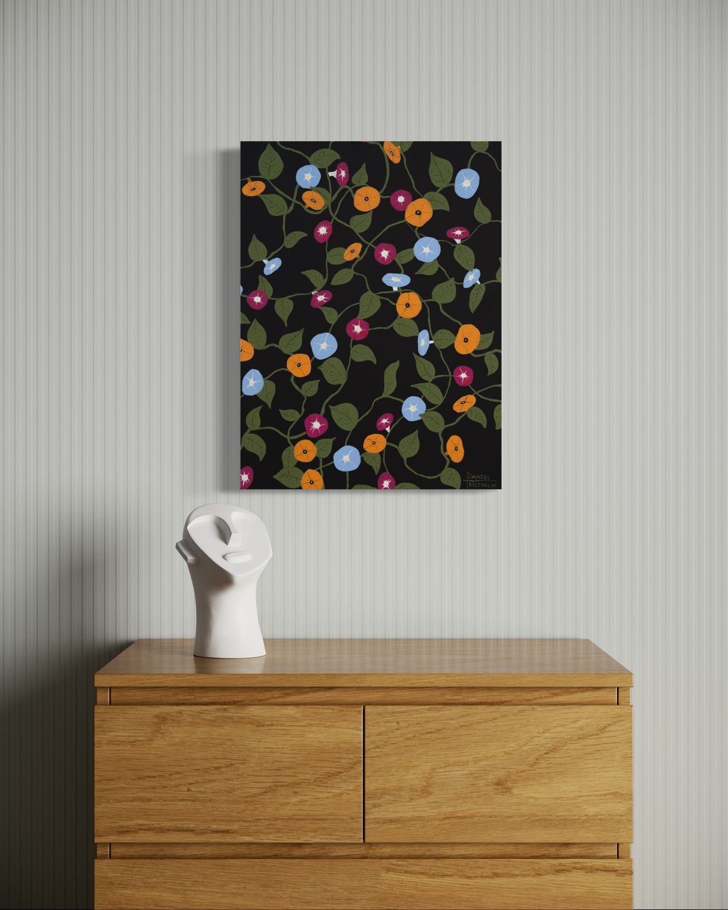 Morning glories that are painted on a black background 